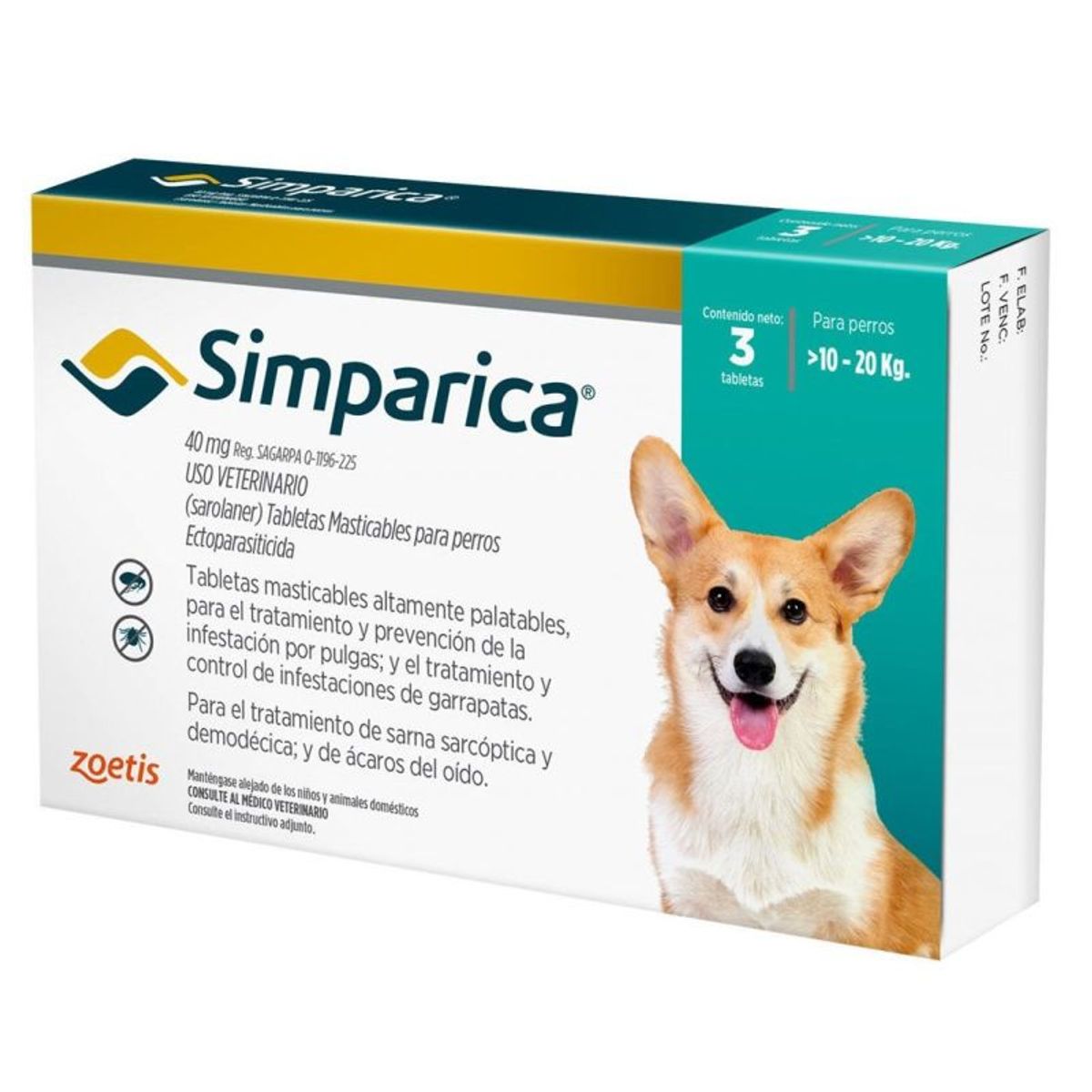 SIMPARICA - Simparica Antipulgas 40 mg X 3 Tabletas 10 - 20 KG