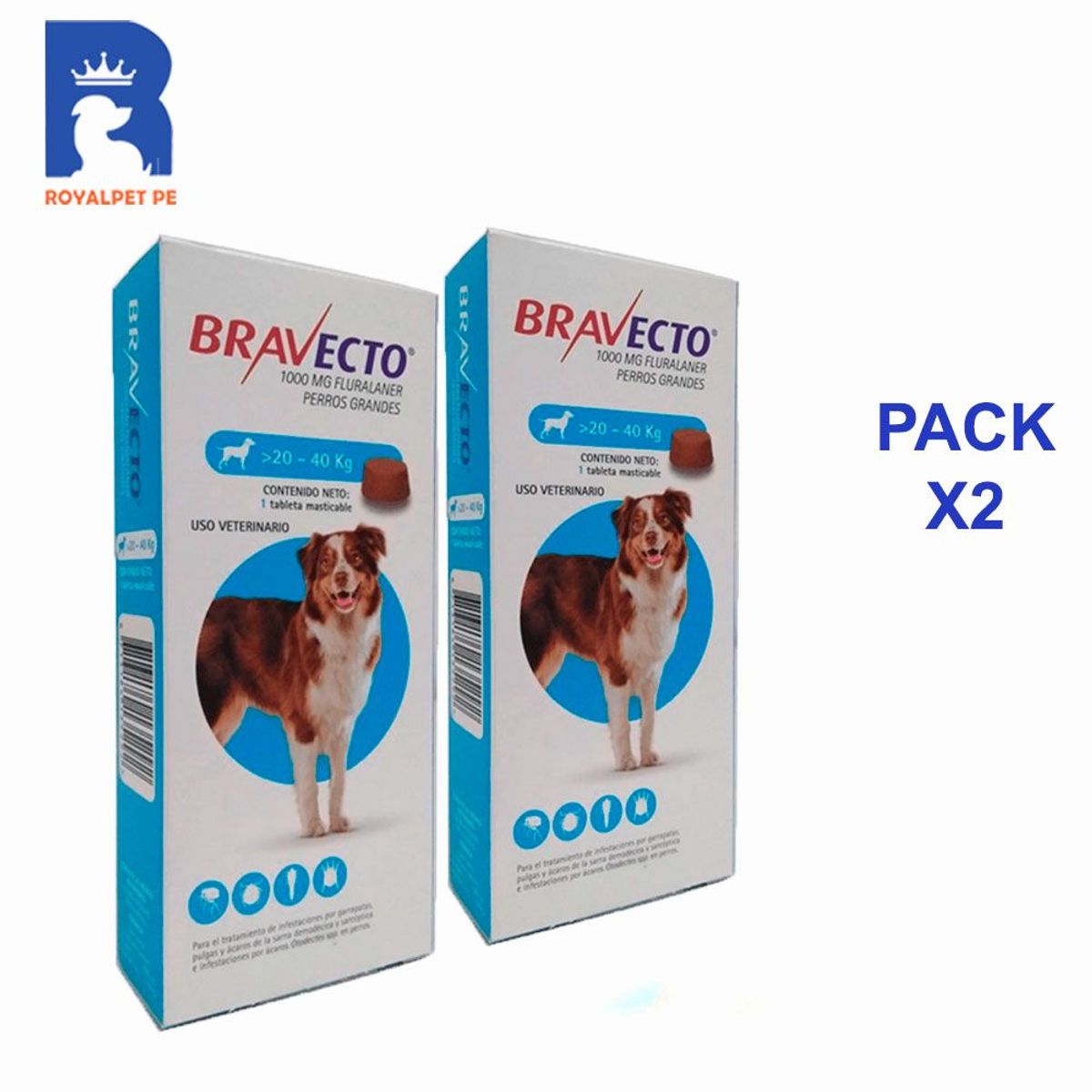 BRAVECTO - Bravecto 20-40 kg 1000 mg pack x2 Antipulgas para perro