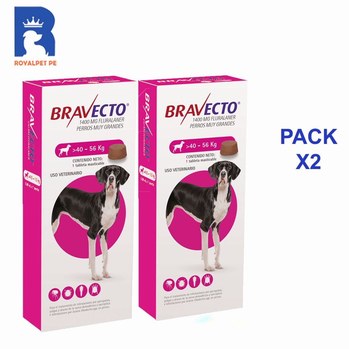 BRAVECTO - Bravecto 40-56 kg 1400 mg pack x2 Antipulgas para perro