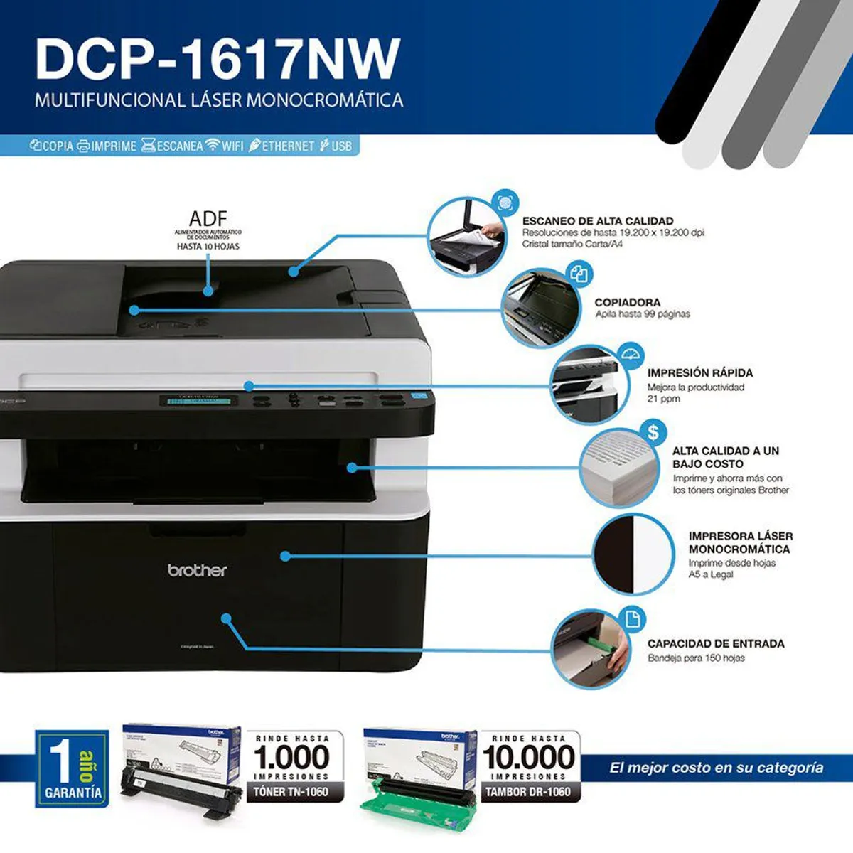 BROTHER - Impresora Laser Brother DCP-1617NW Multifuncional Wifi