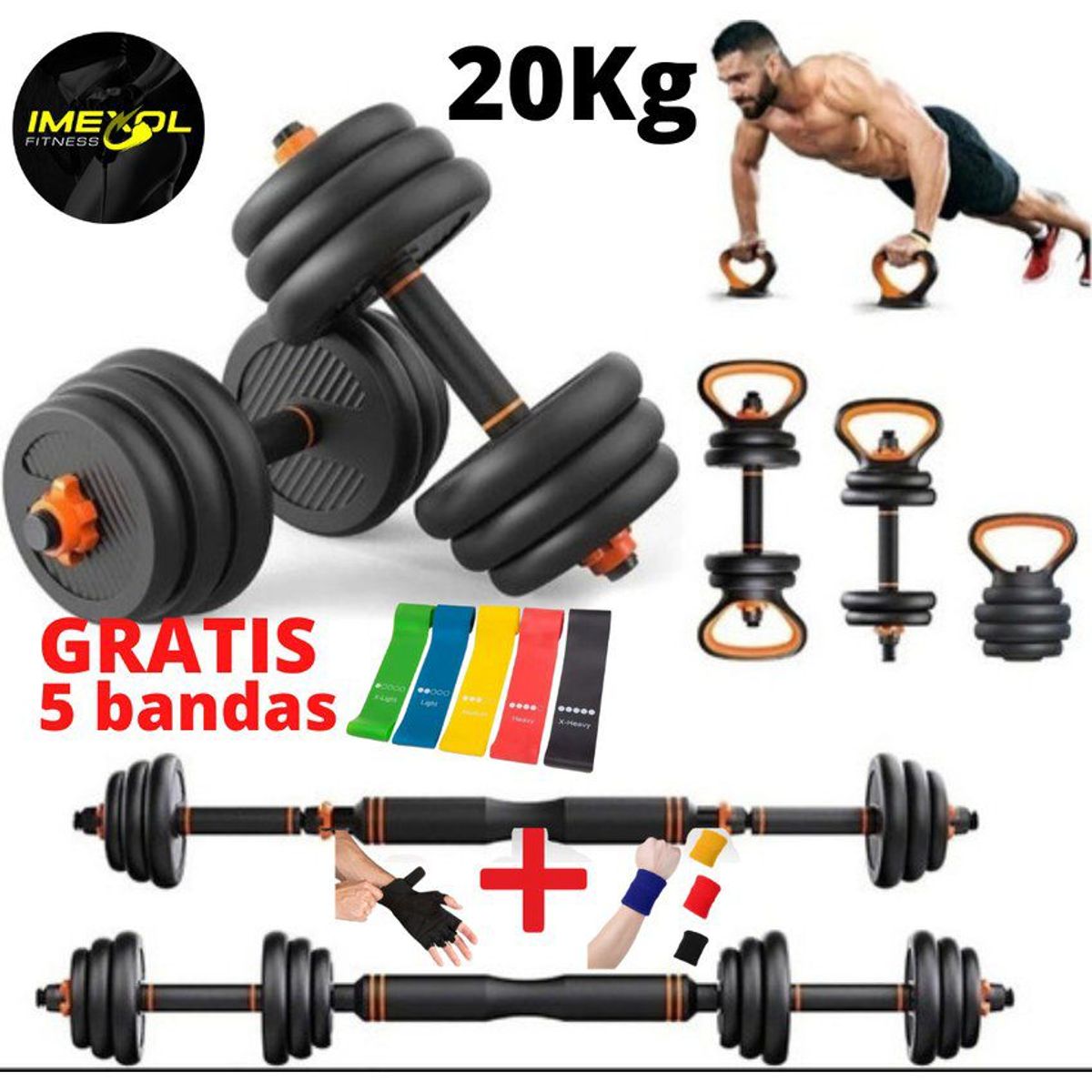 GENERICO - Set 20kg fed pesas convertibles barra mancuerna pesa rusa