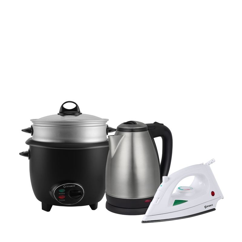 IMACO - Tricombo plancha + Olla arrocera 1.2 + Hervidor metálico 1.8l Imaco