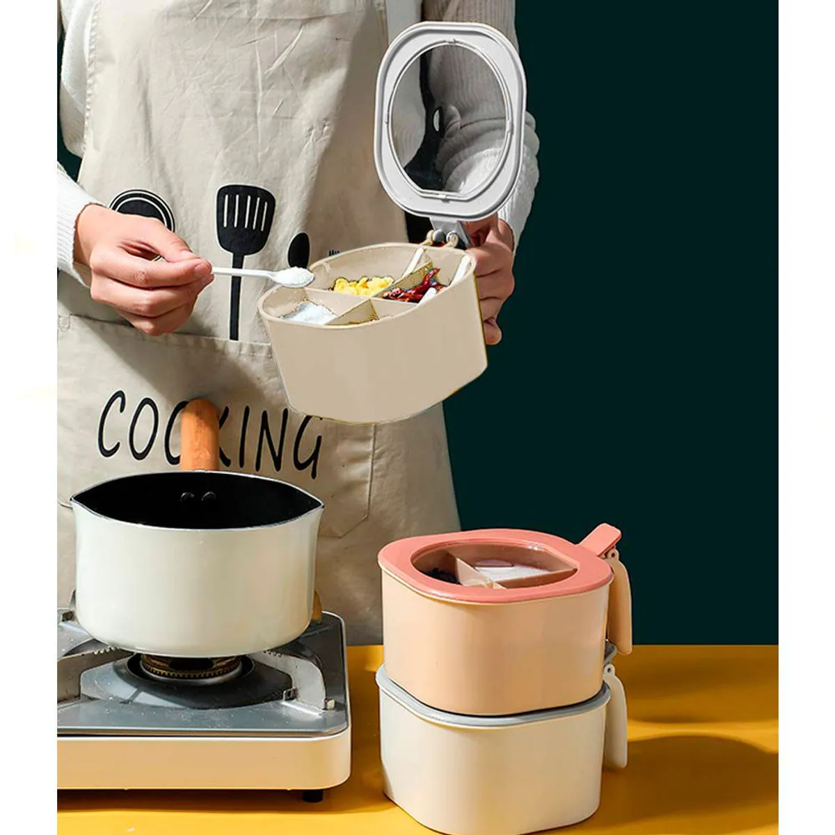 SASHIJA - Caja Contenedor de Condimentos con 4 Compartimentos Cucharas Blanco