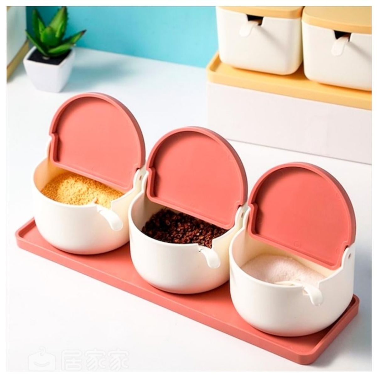 GENERICO - Condimentero Azucarero Organizador 3 Piezas Con Base + Cucharas Rosado