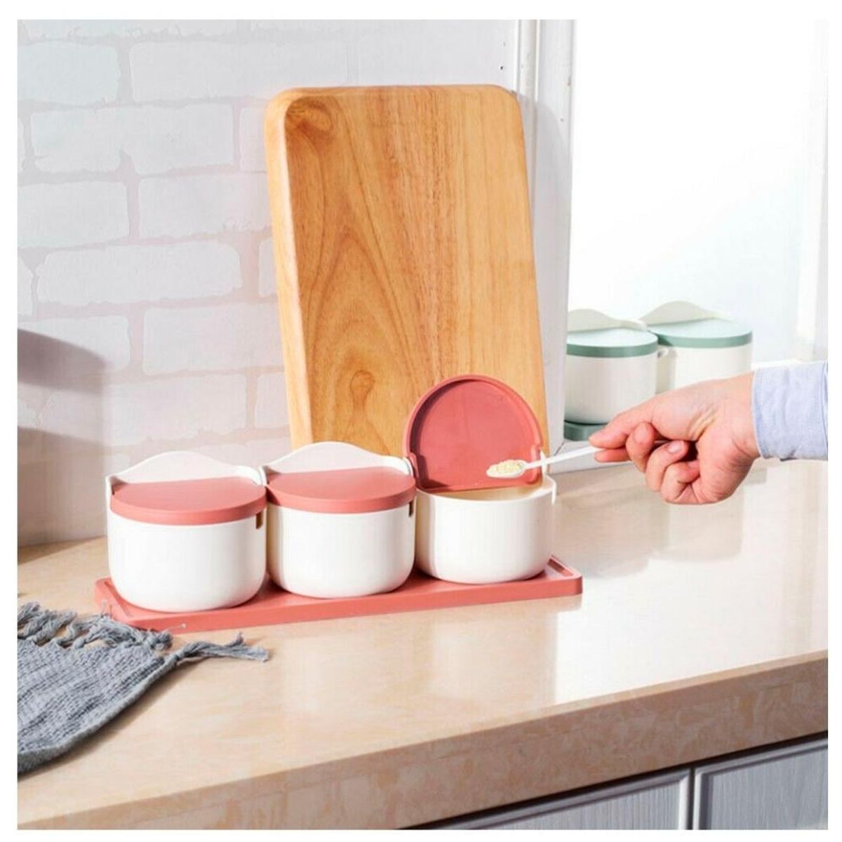 GENERICO - Condimentero Azucarero Organizador 3 Piezas Con Base + Cucharas Rosado