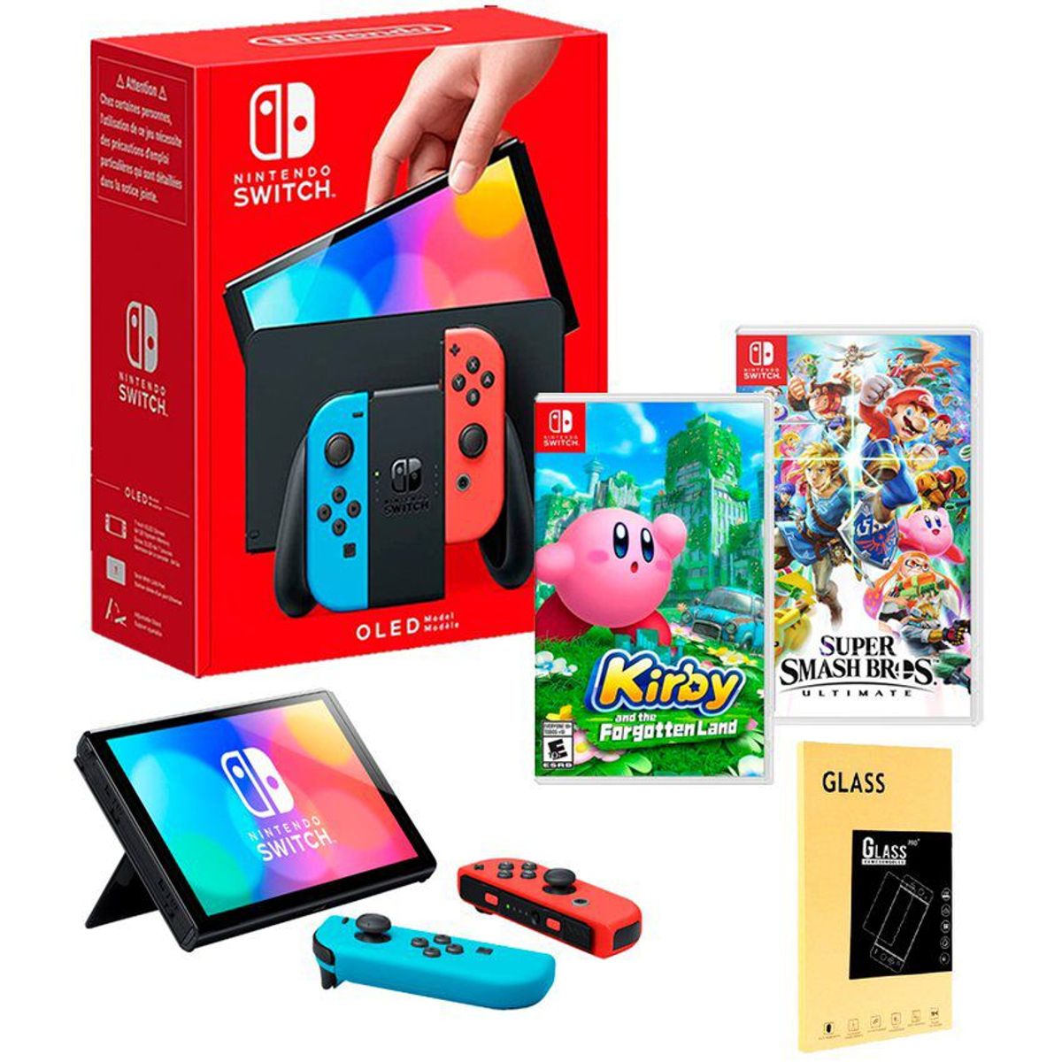 NINTENDO - Consola Nintendo Switch Oled Neon+ Kirby Forgot Land+ Smash Bros+ Mica