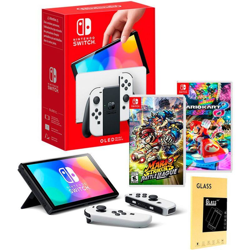 NINTENDO - Consola Nintendo Switch Oled Blanco+ Mario Kart 8 +Mario Strikers+Mica.