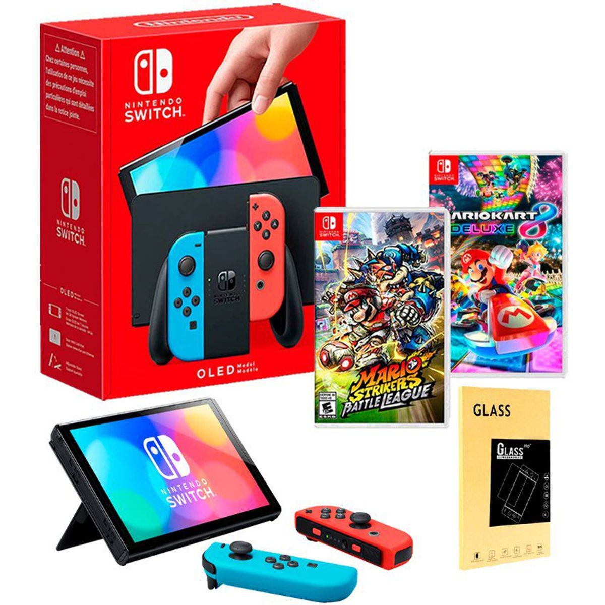 NINTENDO - Consola Nintendo Switch Oled Neon+ Mario Kart 8 + Mario Strikers+ Mica.