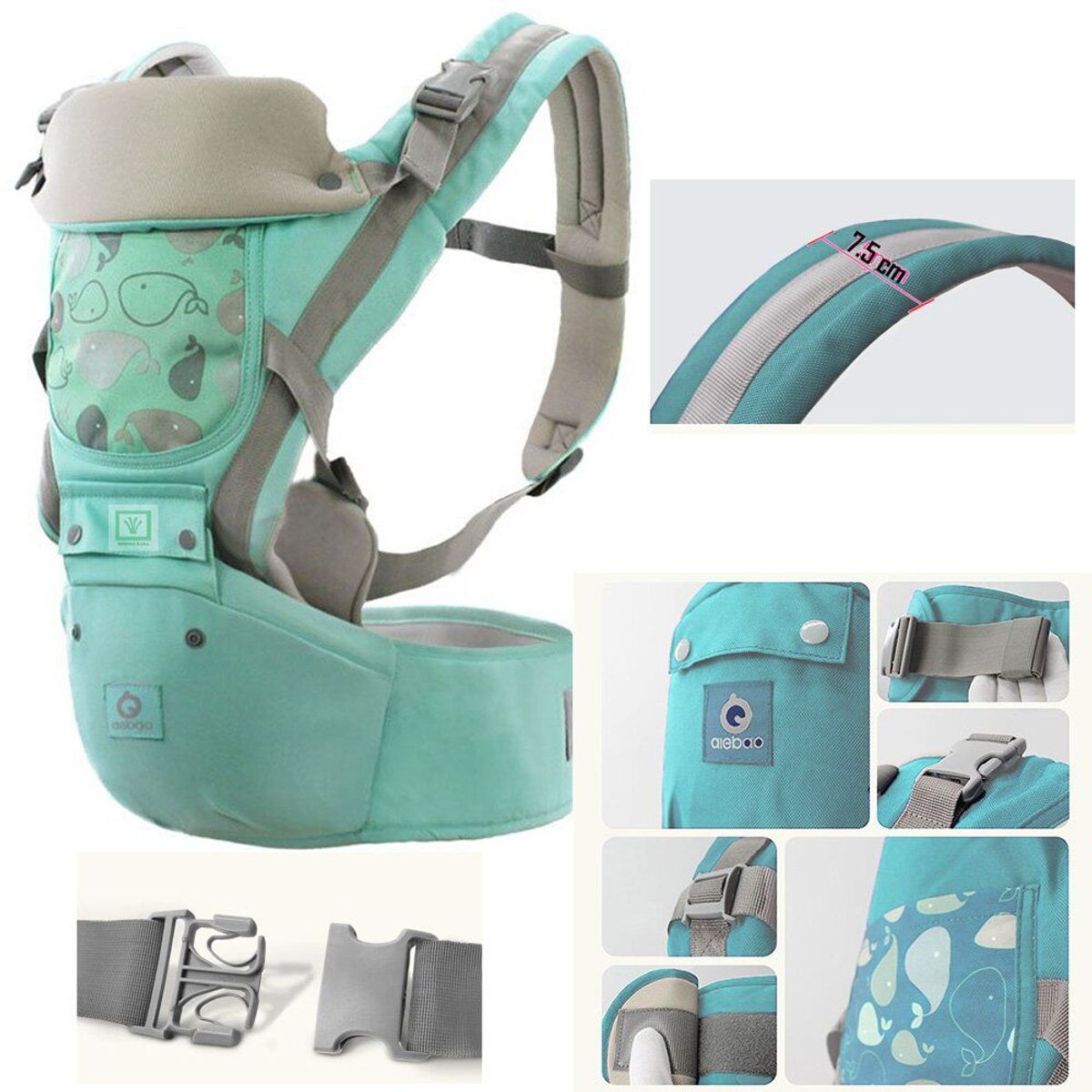 GENERICO - Canguro para Bebé Ergonómico Ballena 3 en 1 Verde Agua