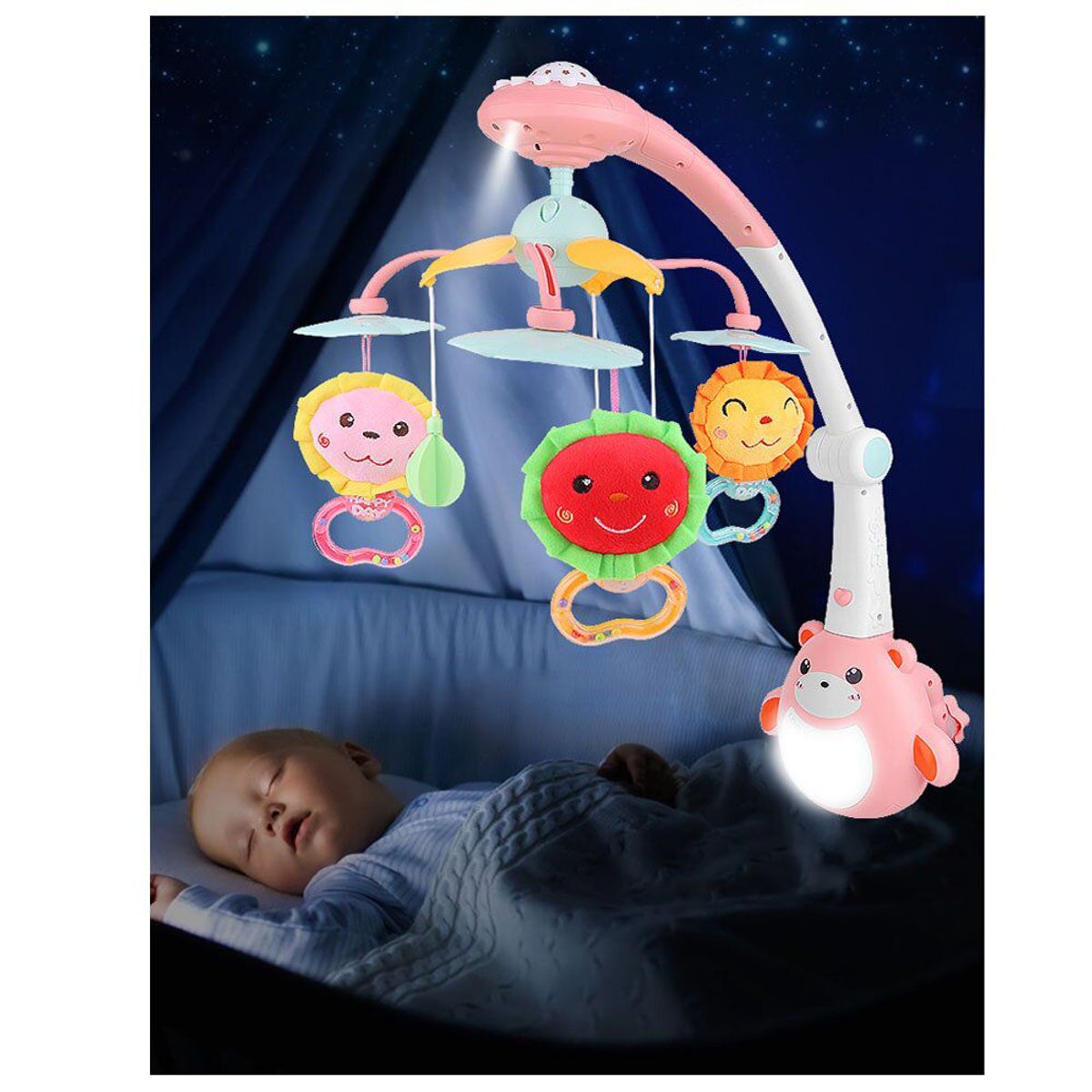 IDEAL - Movil Para Cuna con Proyector Luces y Control Rosado