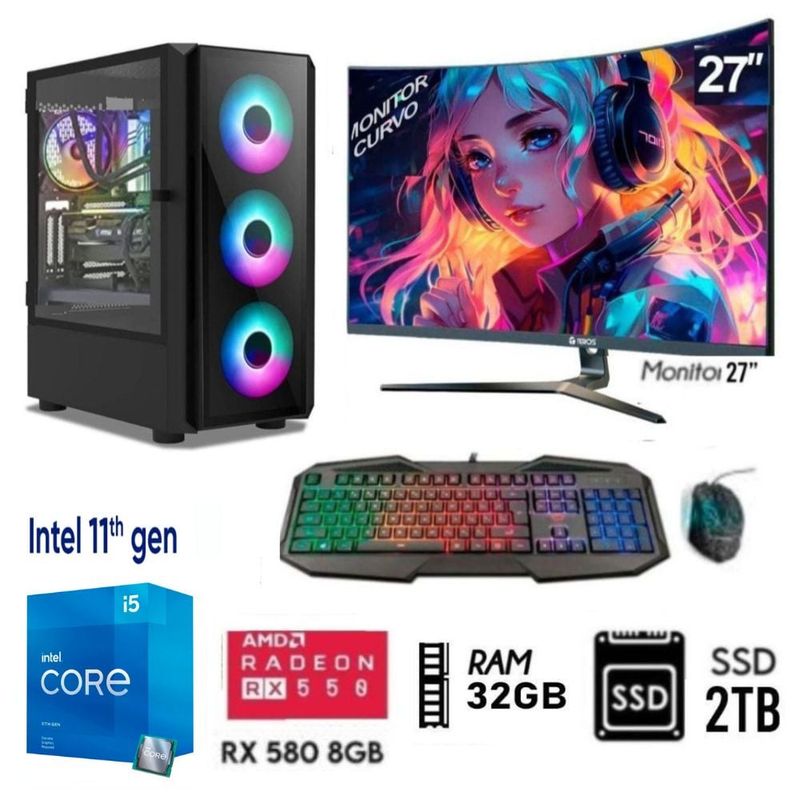 INTEL - Computadora PC Core i5-11TH, Ram 32GB, Disco Solido SSD  2TB, RX 580 8GB, M27"