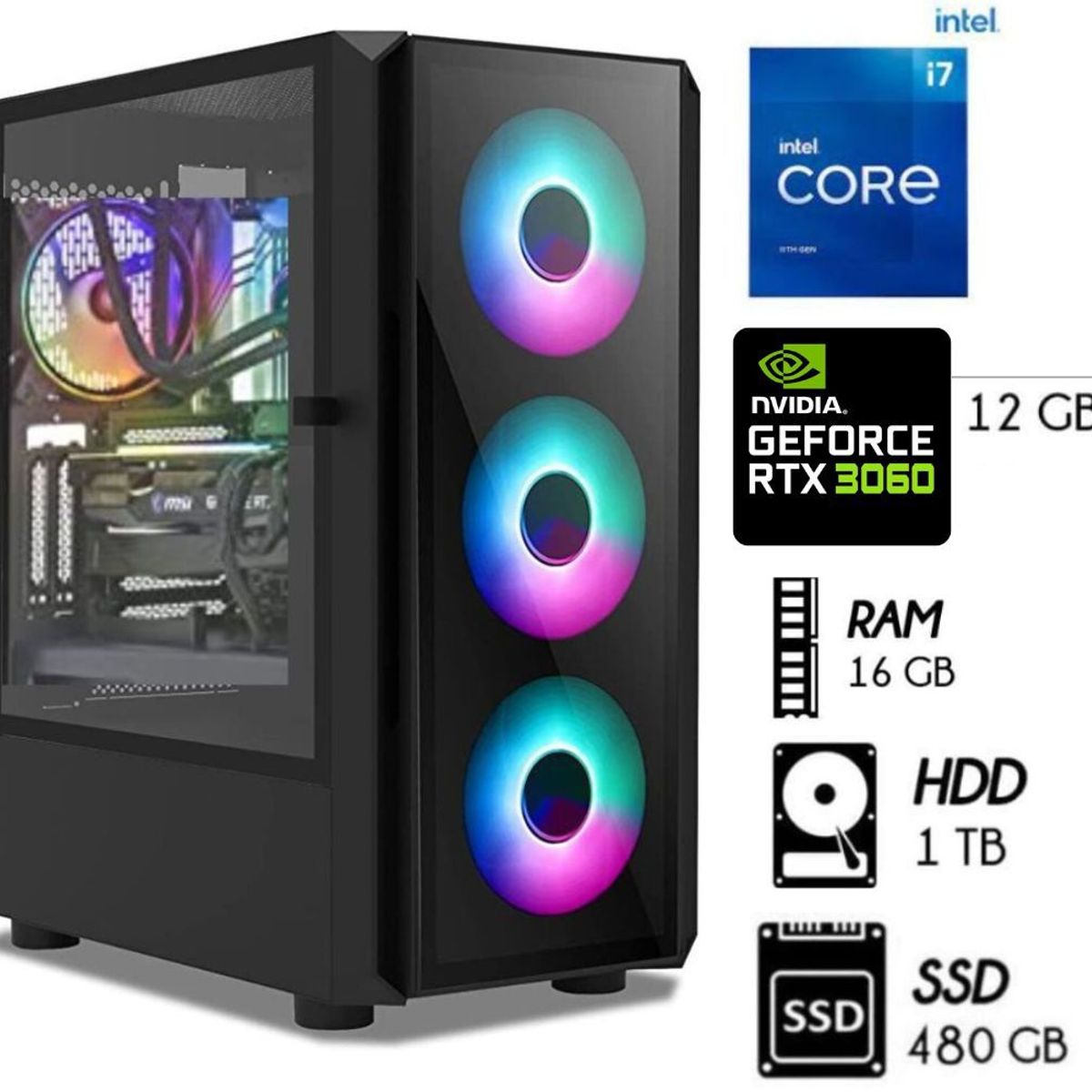 INTEL - Computadora PC GAMER Core i7-11TH RAM16GB Disco 1TB+SSD 480GB  RTX 3060 12GB.