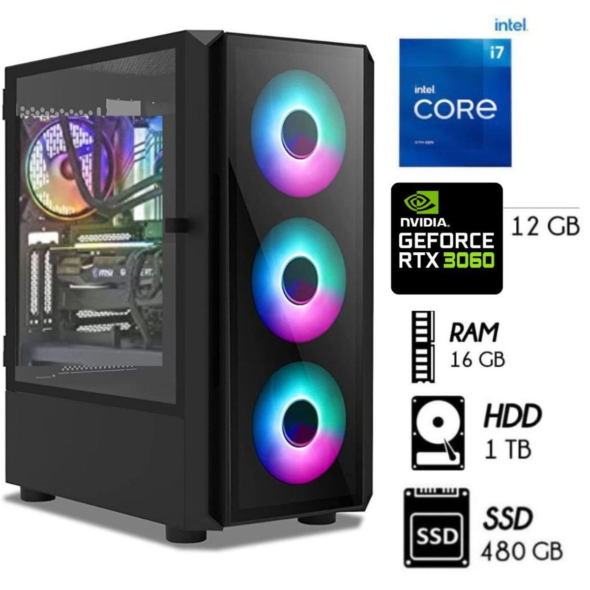 INTEL - Computadora PC GAMER Core i7-11TH RAM16GB Disco 1TB+SSD 480GB  RTX 3060 12GB.