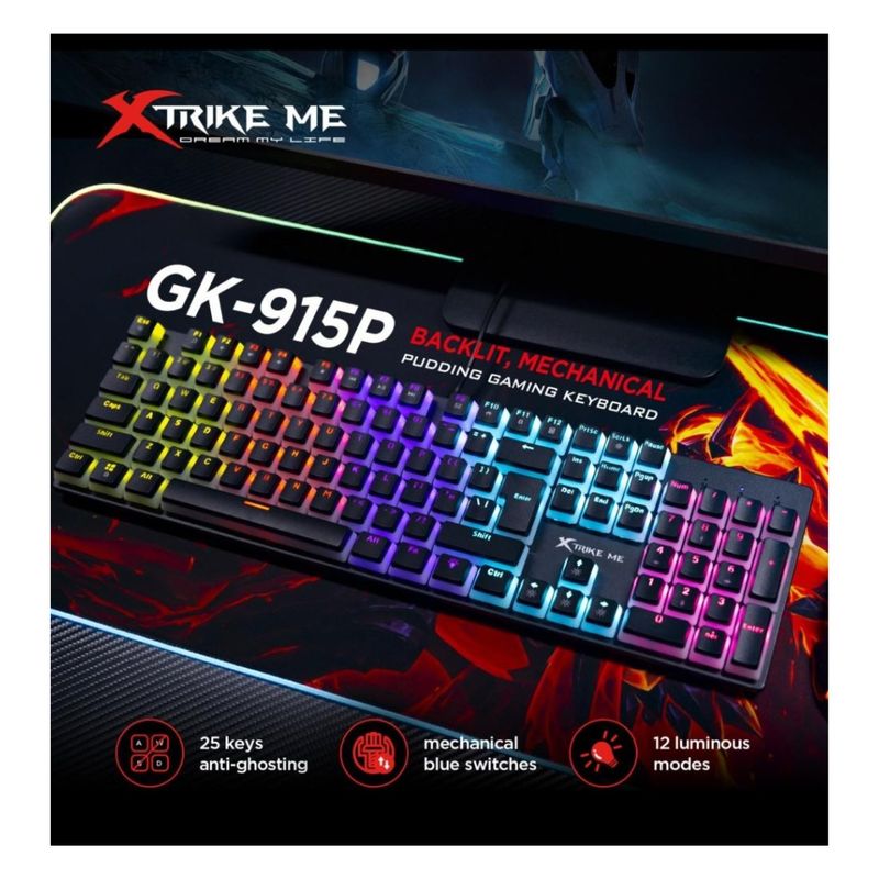 XTRIKE ME - Teclado Gamer Mecanico RGB Switch Azul Xtrike me GK-915P