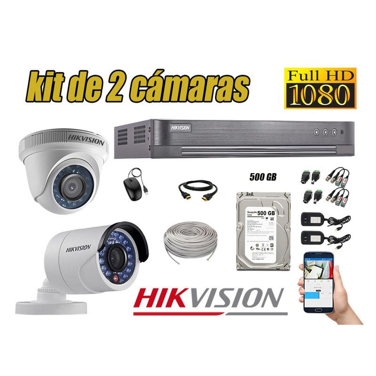 HIKVISION - CÁMARAS SEGURIDAD KIT 2 FULL HD 1080P + DISCO 500GB COMPLETO