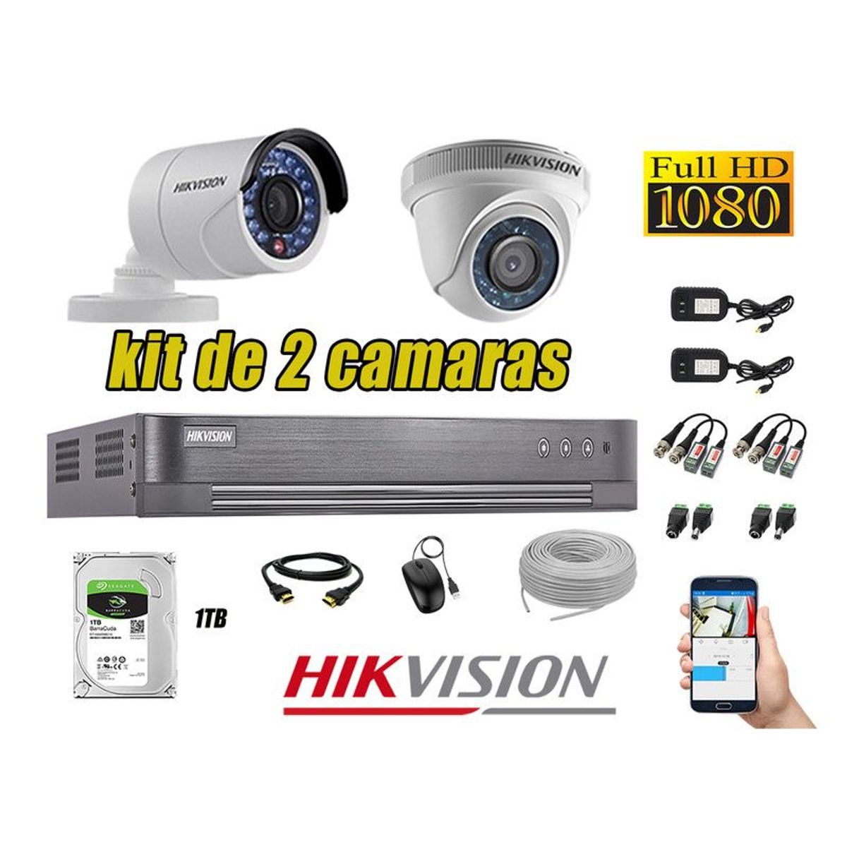 Hikvision - CÁMARAS SEGURIDAD KIT 2 FULL HD 1080P + DISCO 1TB COMPLETO