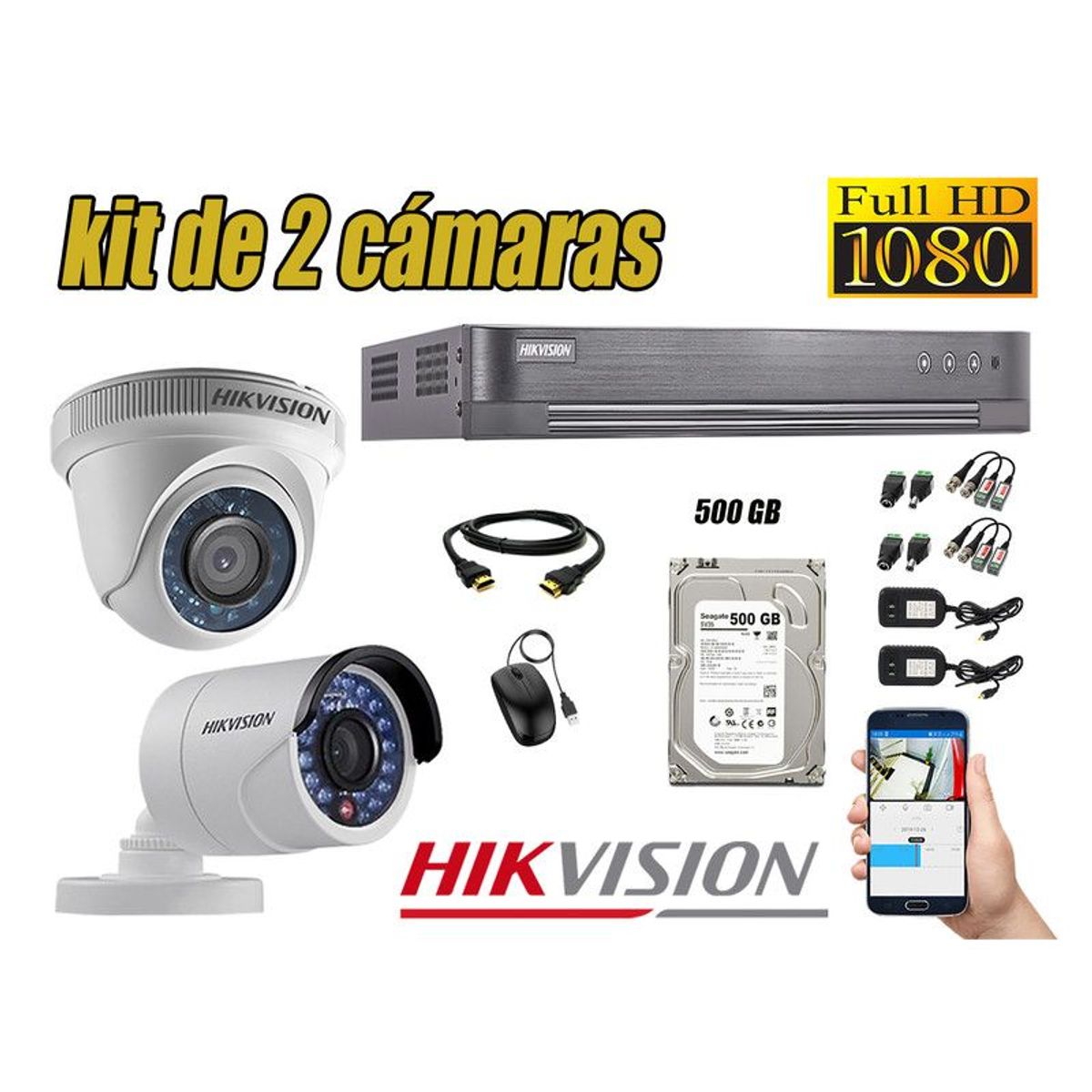 HIKVISION - CÁMARAS SEGURIDAD KIT 2 FULL HD 1080P + DISCO 500GB