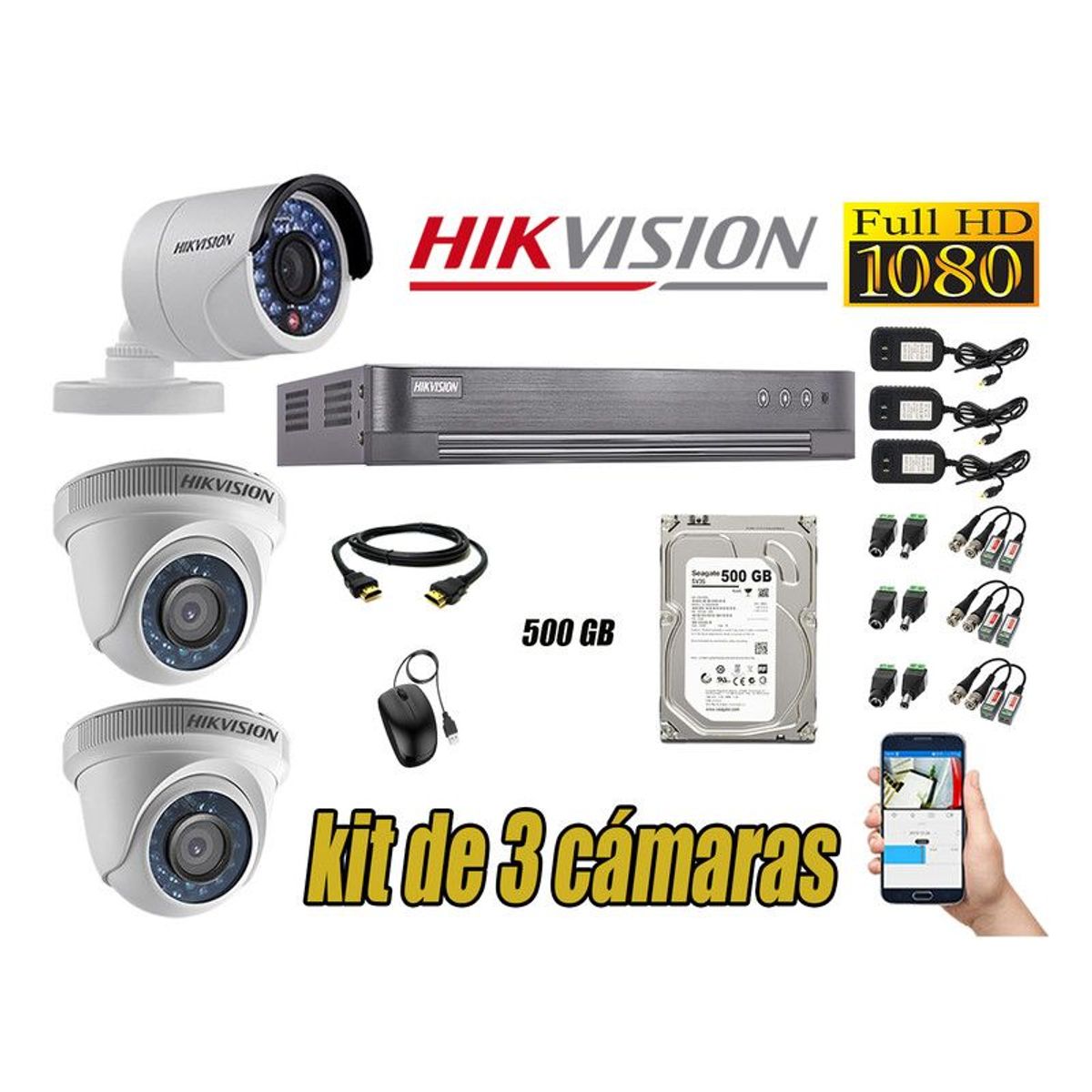 HIKVISION - CÁMARAS SEGURIDAD KIT 3 FULL HD 1080P + DISCO 500GB