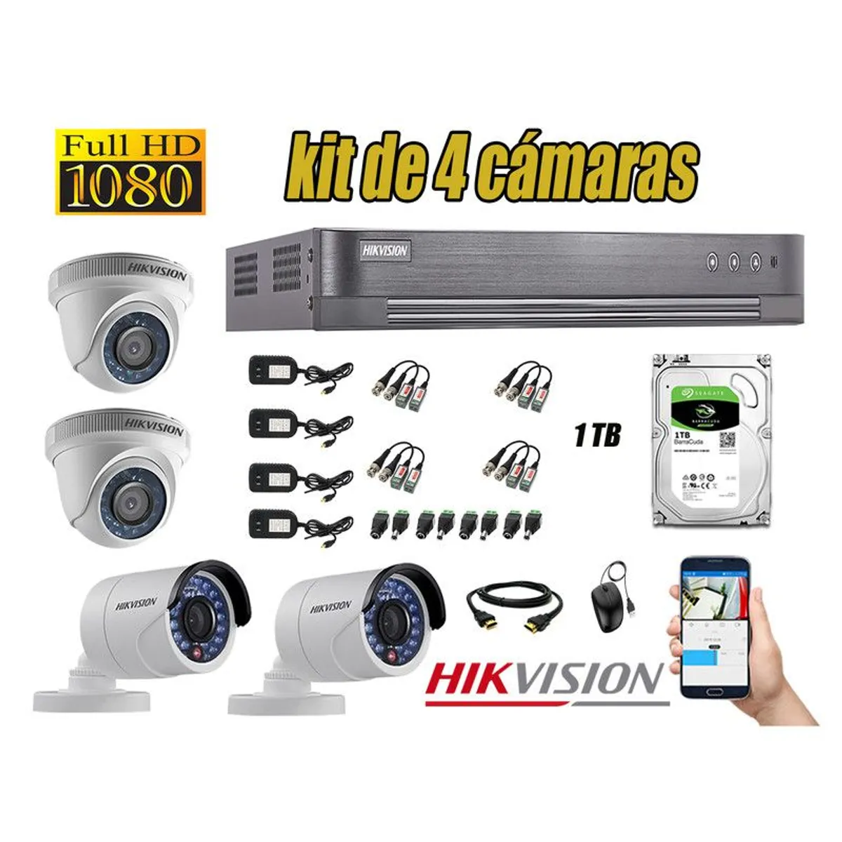 HIKVISION - CÁMARAS SEGURIDAD KIT 4 FULL HD 1080P + DISCO 1TB P2P