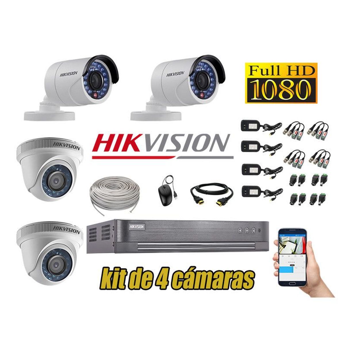 HIKVISION - CÁMARAS SEGURIDAD KIT 4 FULL HD 1080P + CABLE HDMI