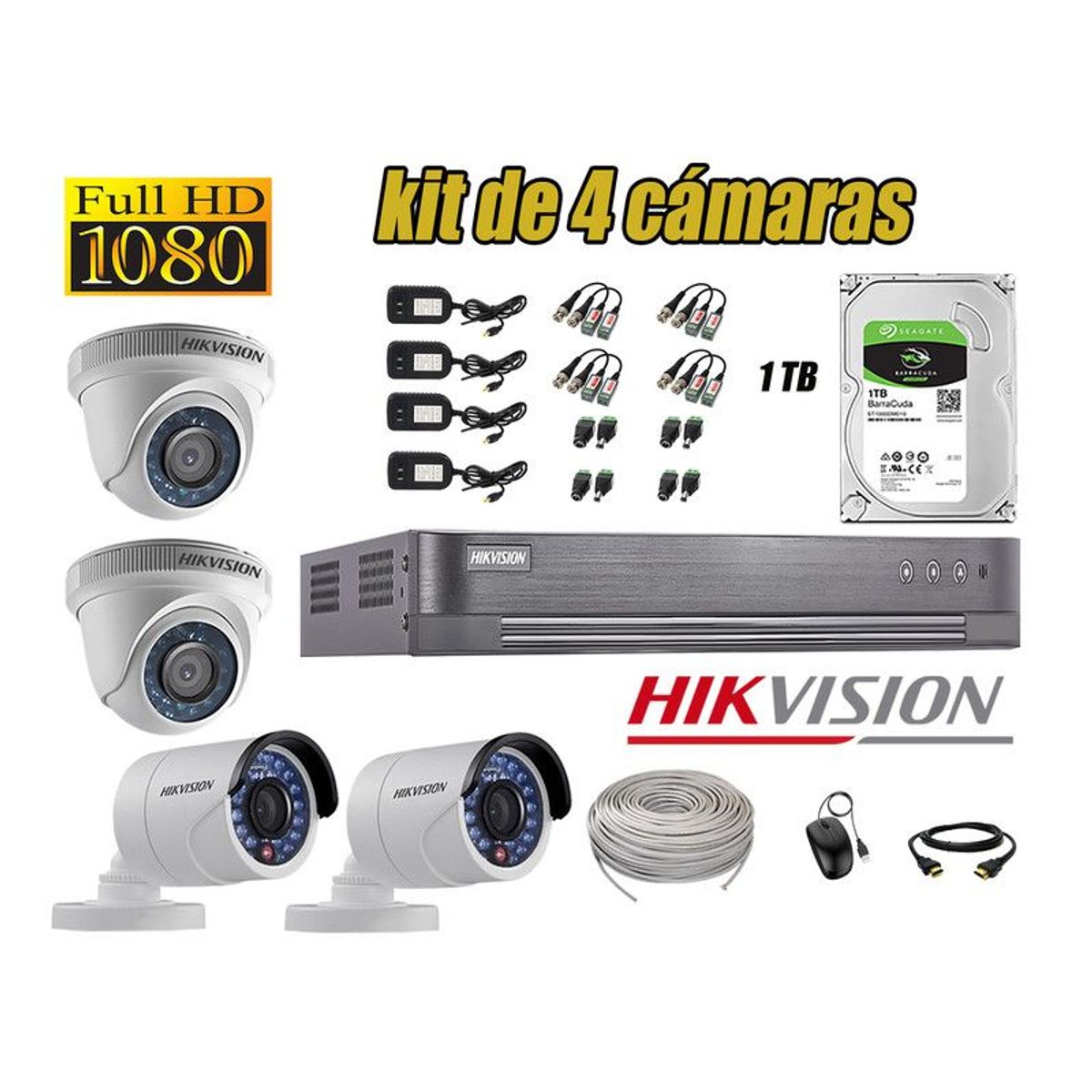 HIKVISION - CÁMARAS SEGURIDAD KIT 4 FULL HD 1080P + DISCO 1TB COMPLETO