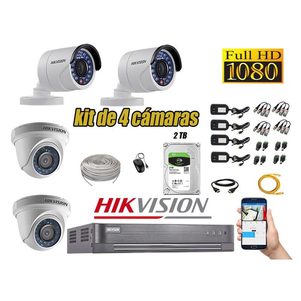 HIKVISION - CÁMARAS SEGURIDAD KIT 4 FULL HD 1080P + DISCO 2TB COMPLETO