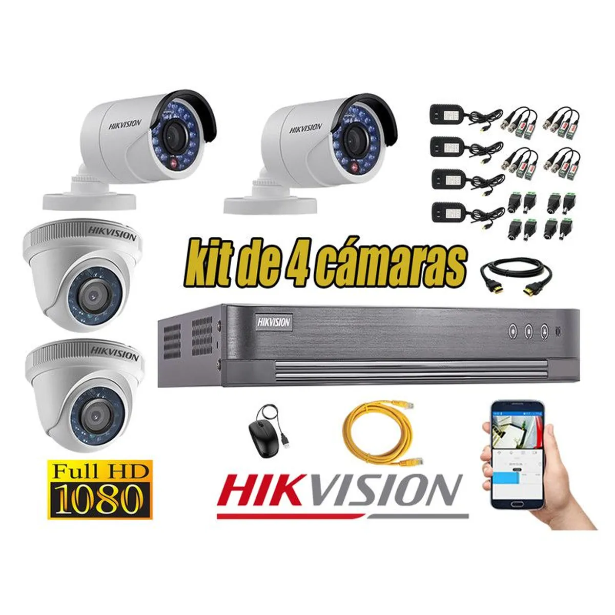 HIKVISION - CÁMARAS SEGURIDAD KIT 4 FULL HD 1080P + CABLE HDMI
