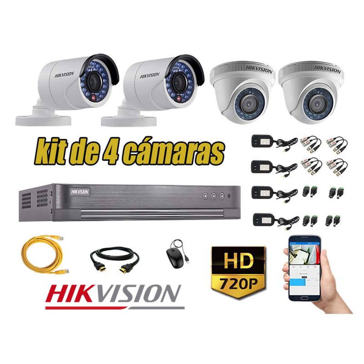 HIKVISION - CÁMARAS SEGURIDAD KIT 4 HD 720P + CABLE HDMI P2P