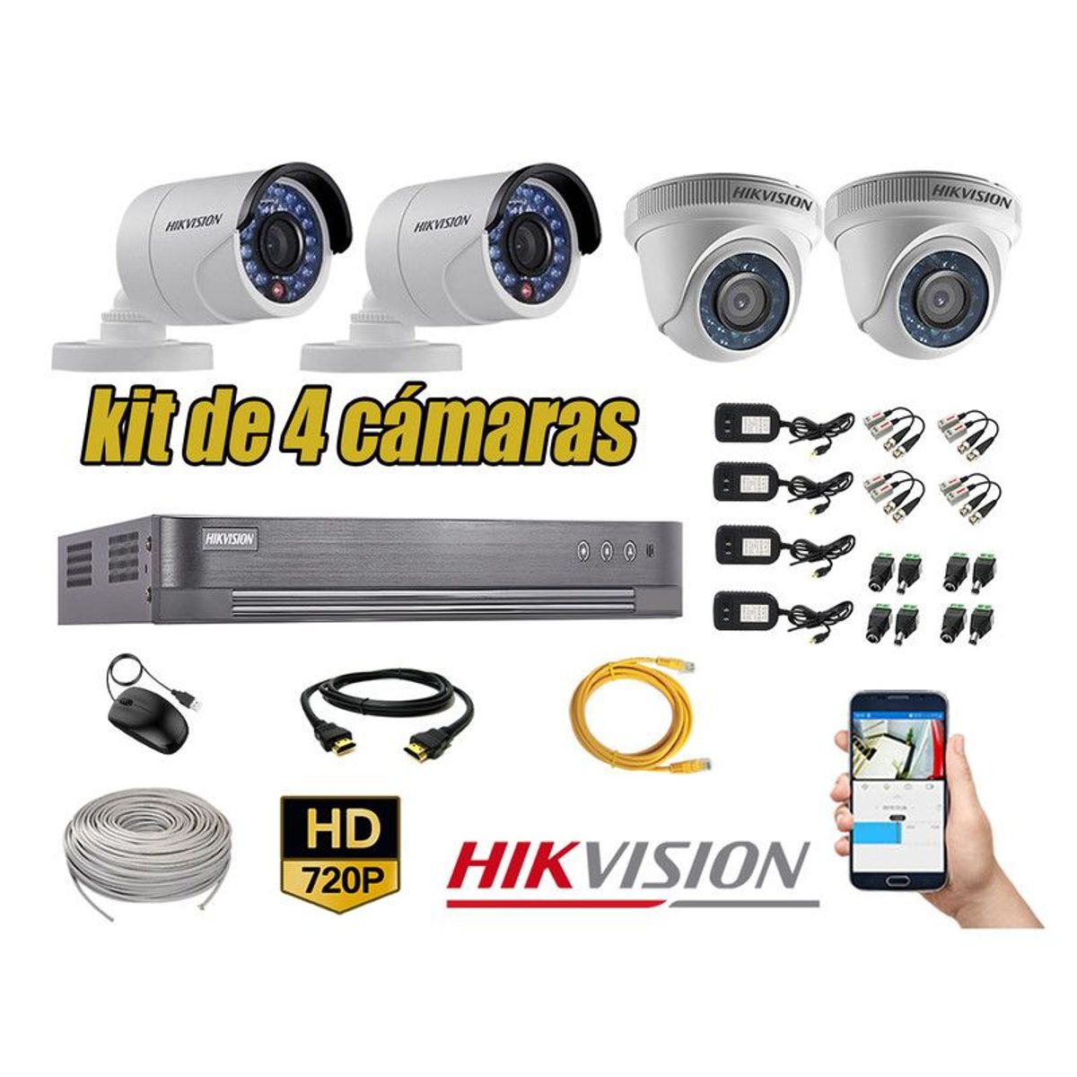HIKVISION - CÁMARAS SEGURIDAD KIT 4 HD 720P + CABLE HDMI VIGILANCIA P2P