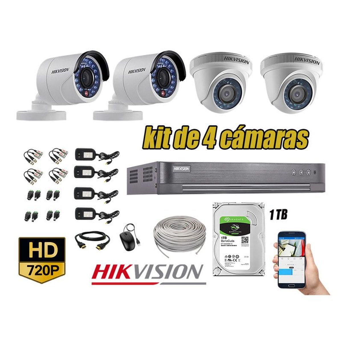 HIKVISION - CÁMARAS SEGURIDAD KIT 4 HD 720P + DISCO 1TB COMPLETO P2P