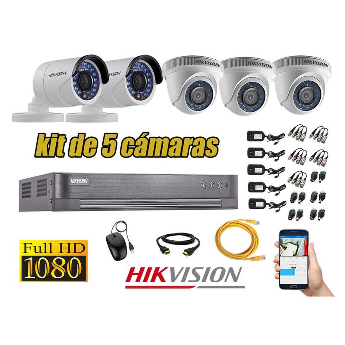 HIKVISION - CÁMARAS SEGURIDAD KIT 5 FULL HD 1080P + CABLE HDMI