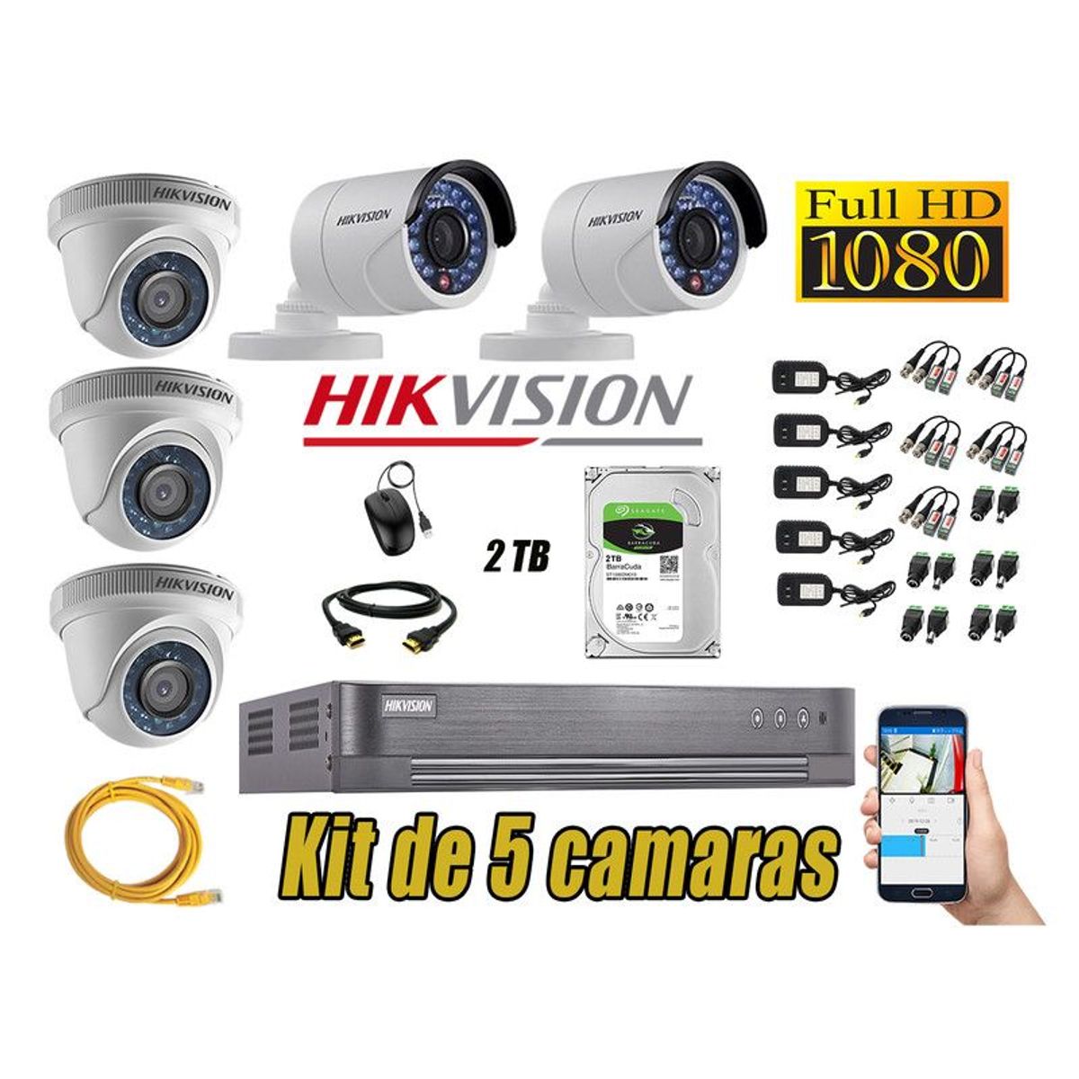 HIKVISION - CÁMARAS SEGURIDAD KIT 5 FULL HD 1080P + DISCO 2TB 2MP