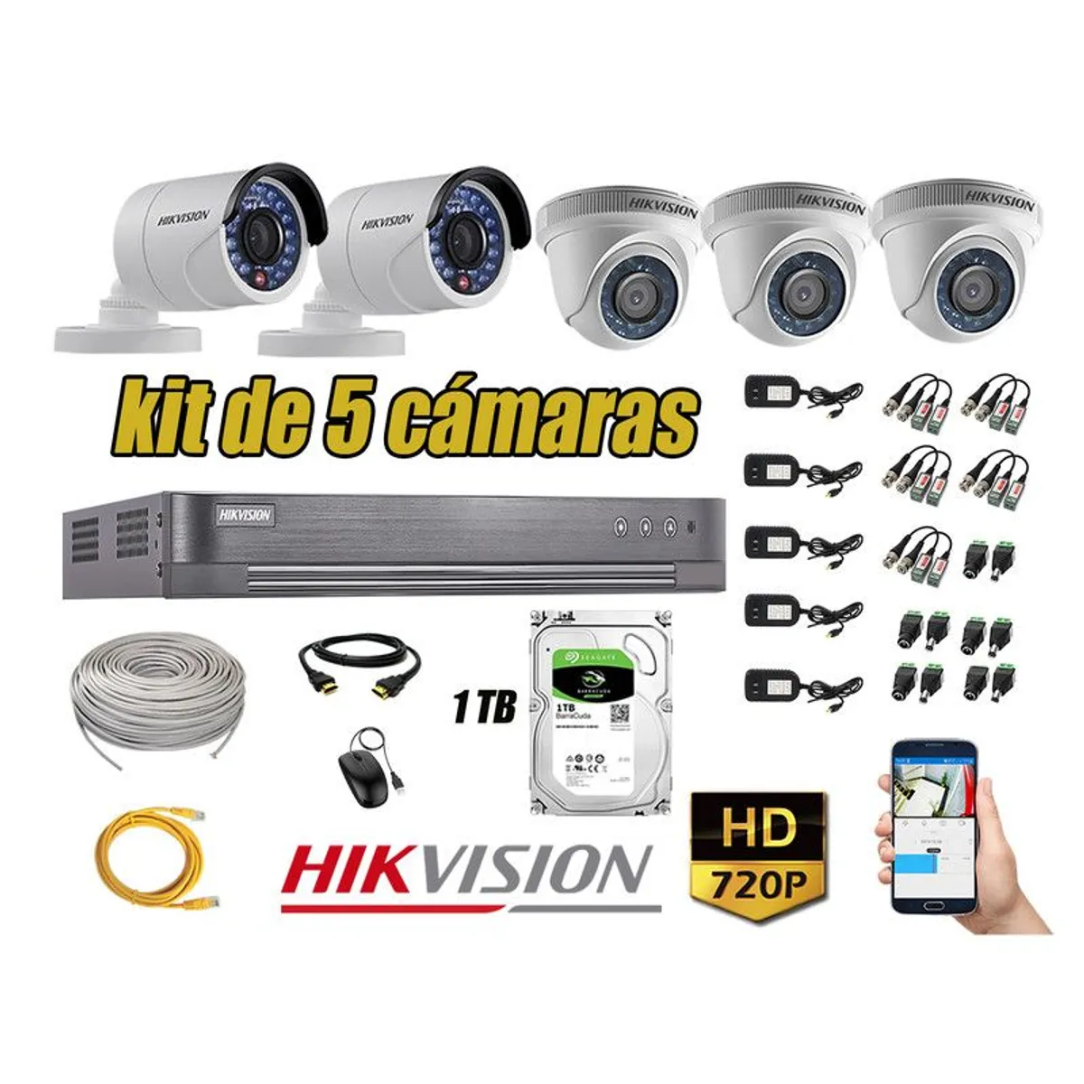 HIKVISION - CÁMARAS SEGURIDAD KIT 5 HD 720P + DISCO 1TB COMPLETO P2P