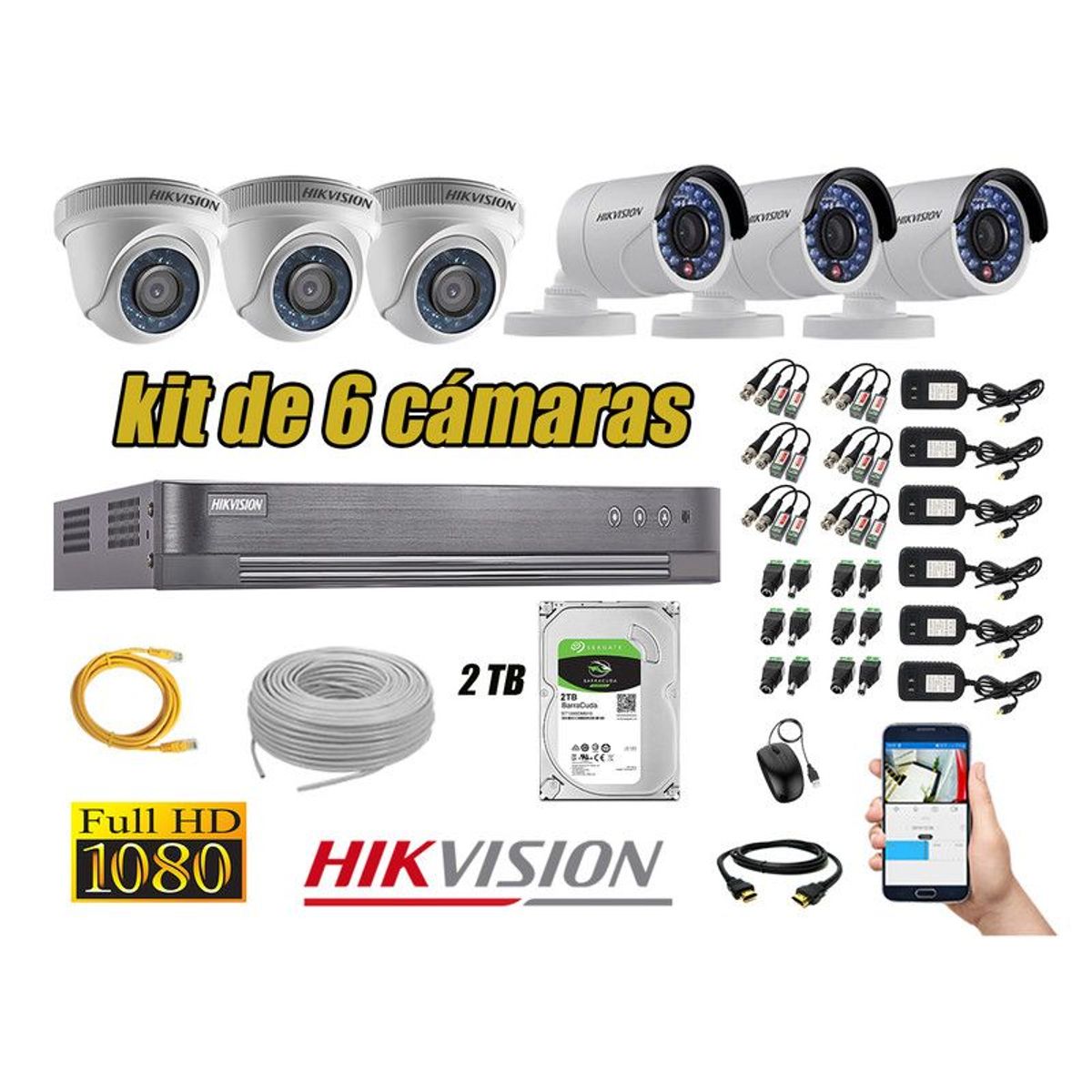 HIKVISION - CÁMARAS SEGURIDAD KIT 6 FULL HD 1080P + DISCO 2TB COMPLETO