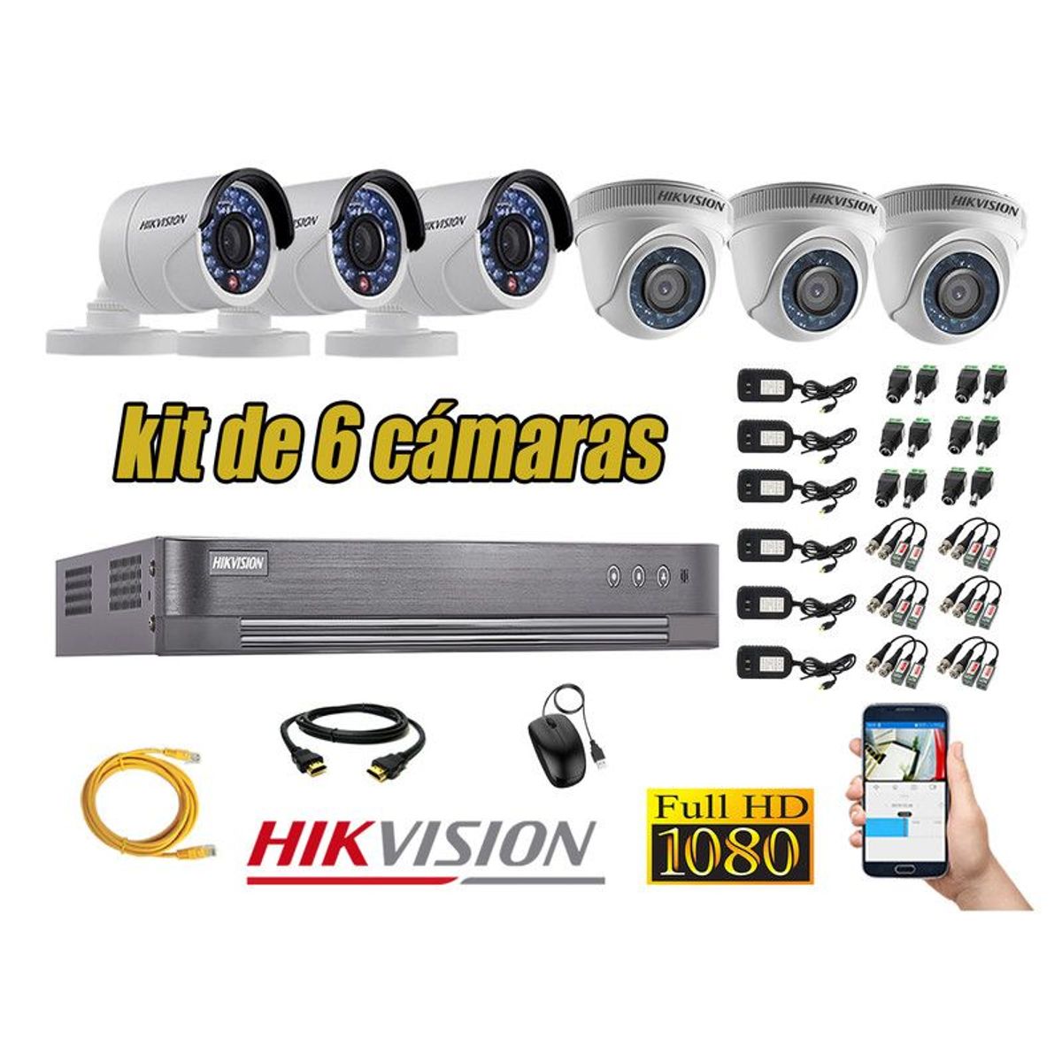 HIKVISION - CÁMARAS SEGURIDAD KIT 6 FULL HD 1080P + CABLE HDMI