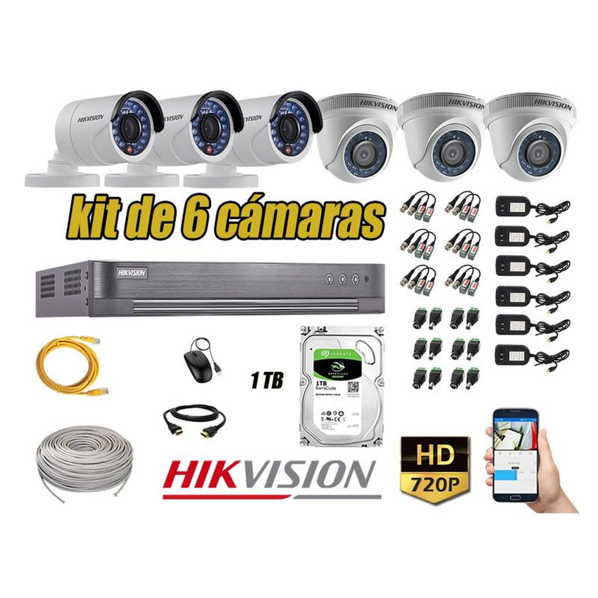 HIKVISION - CÁMARAS SEGURIDAD KIT 6 HD 720P + DISCO 1TB COMPLETO P2P