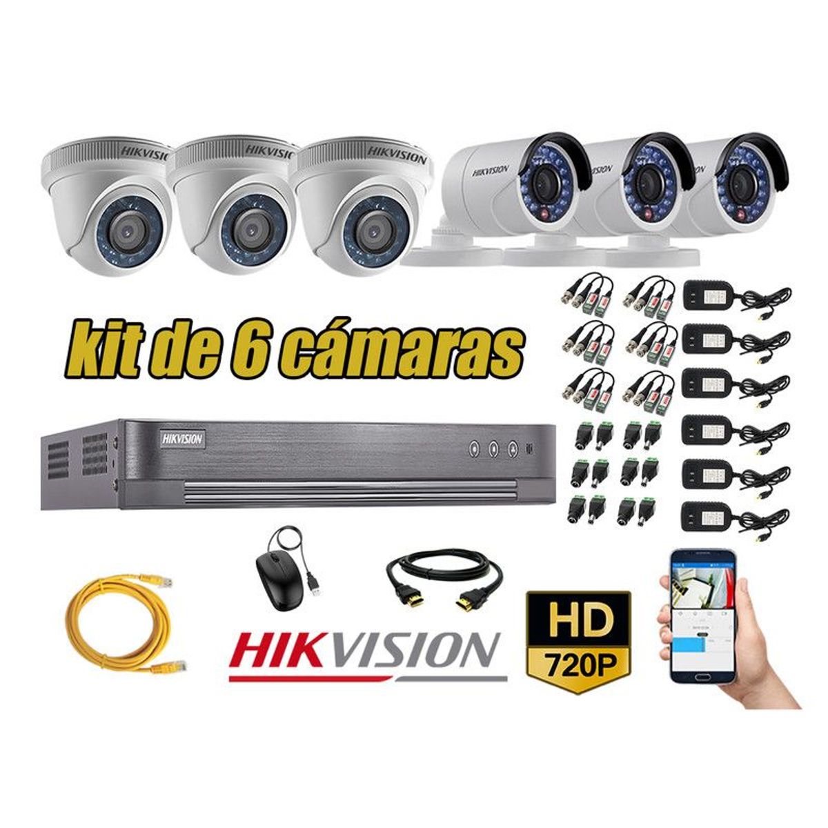 HIKVISION - CÁMARAS SEGURIDAD KIT 6 HD 720P + CABLE HDMI P2P