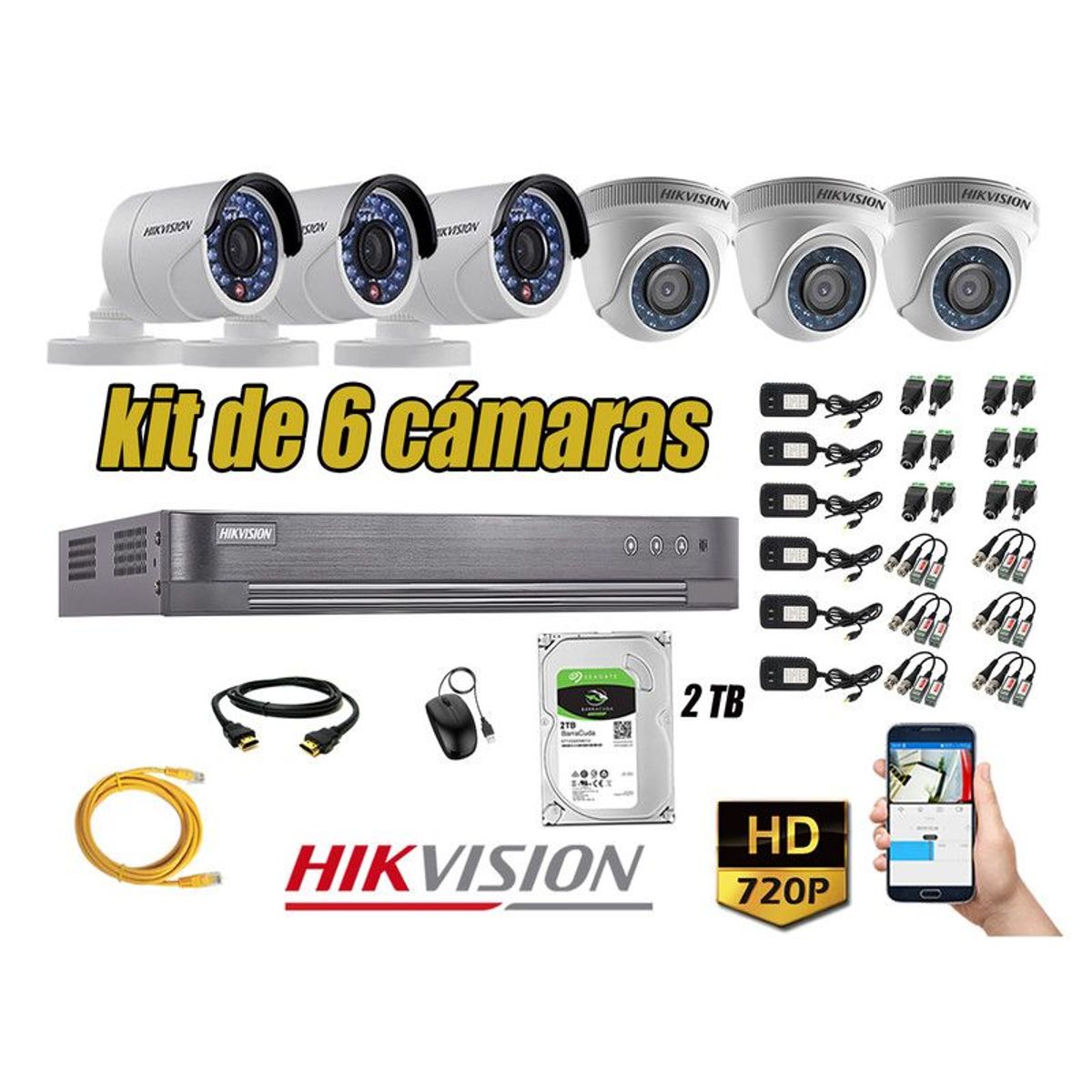 HIKVISION - CÁMARAS SEGURIDAD KIT 6 HD 720P + DISCO 2TB P2P HDMI
