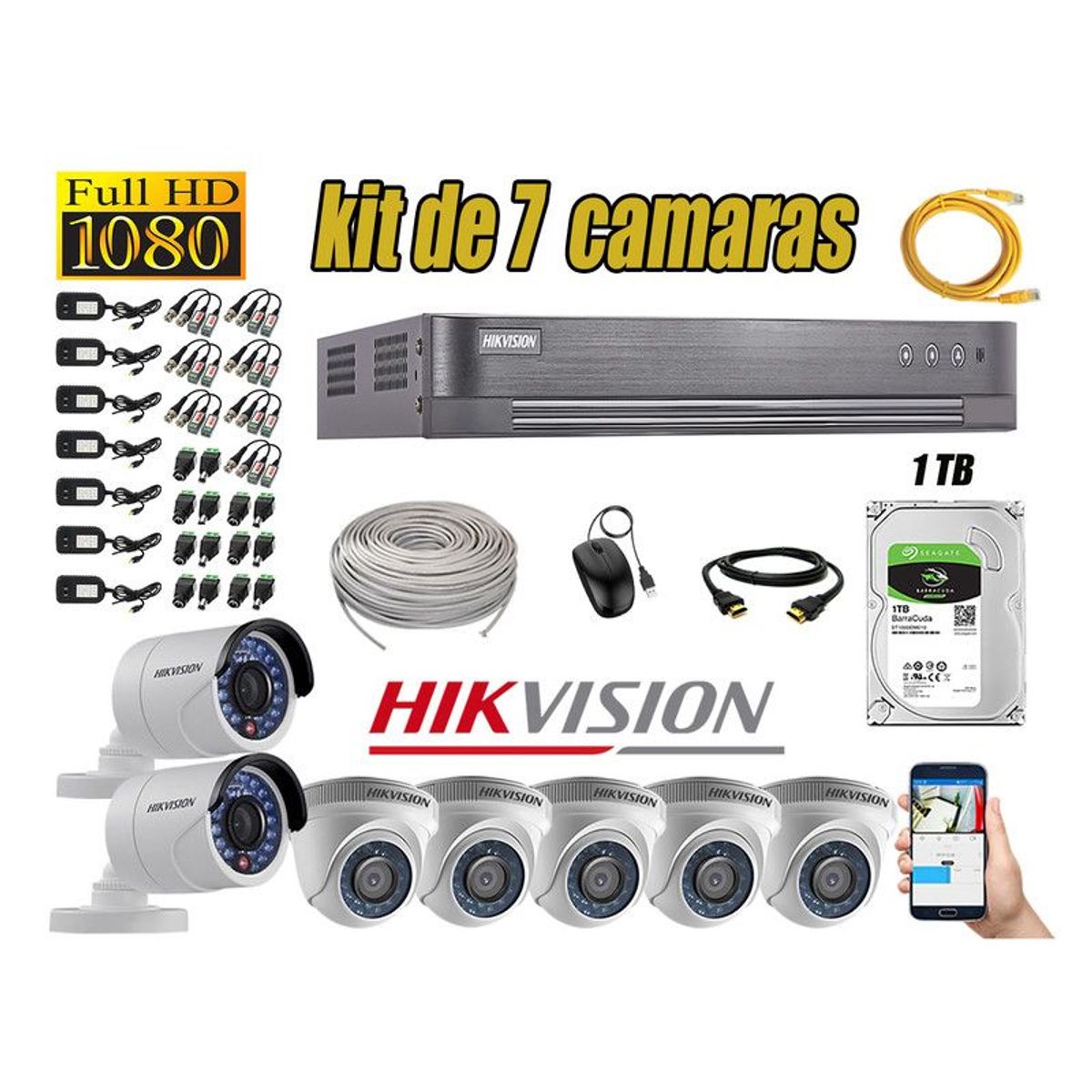 HIKVISION - CÁMARAS SEGURIDAD KIT 7 FULL HD 1080P + DISCO 1TB COMPLETO
