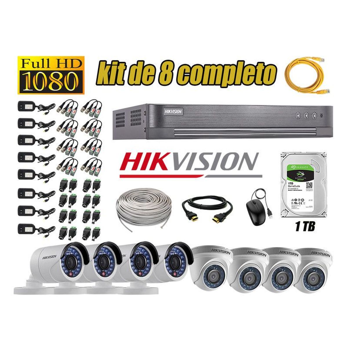 HIKVISION - CÁMARAS SEGURIDAD KIT 8 FULL HD 1080P + DISCO 1TB COMPLETO