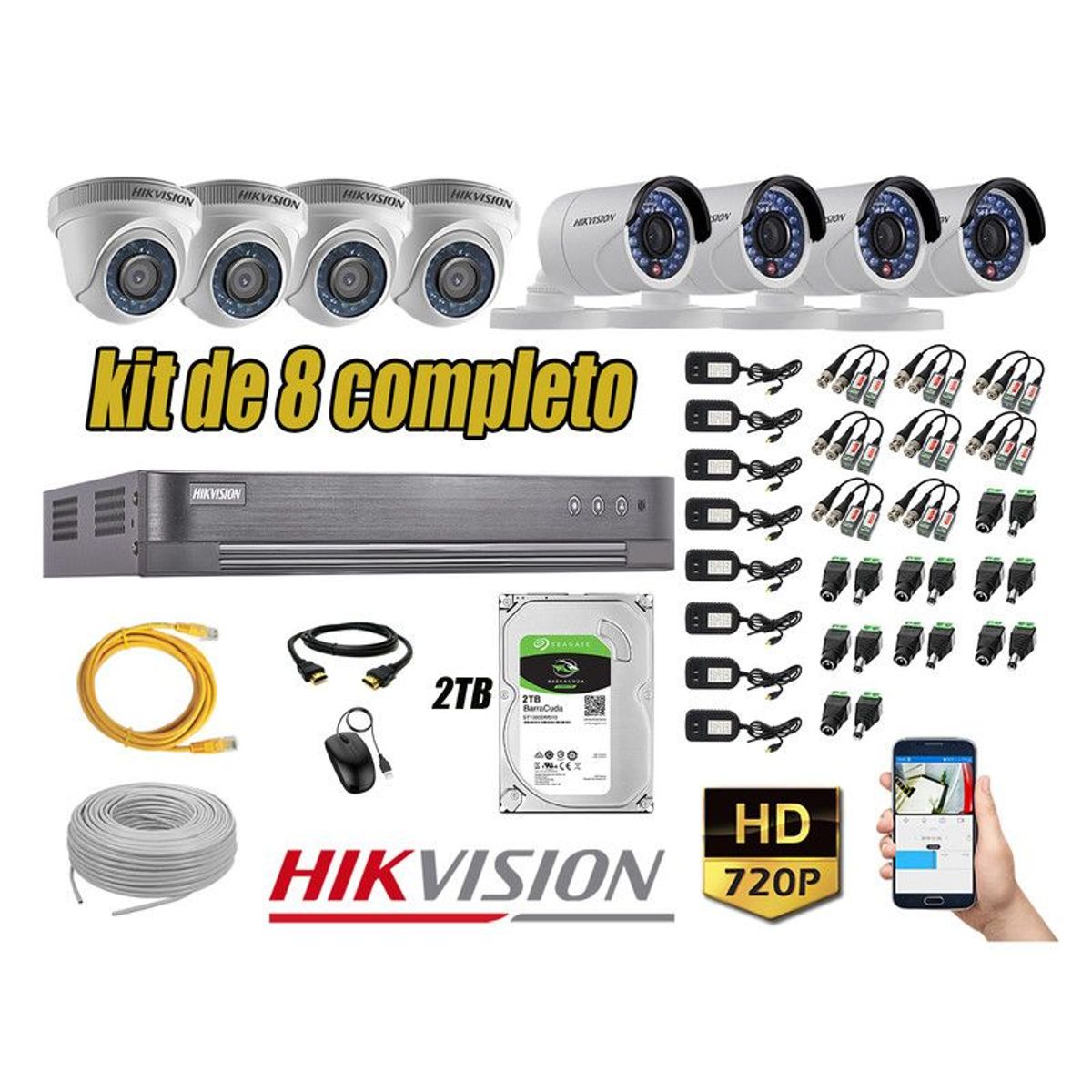 HIKVISION - CÁMARAS SEGURIDAD KIT 8 HD 720P + DISCO 2TB COMPLETO P2P