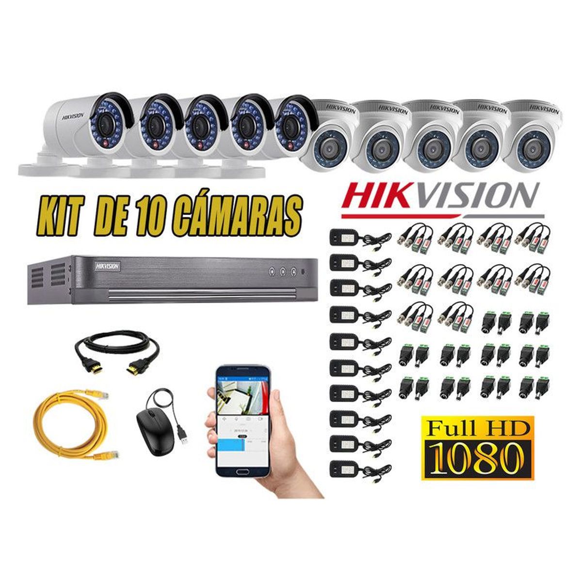 HIKVISION - CÁMARAS SEGURIDAD KIT 10 FULL HD 1080P + CABLE HDMI