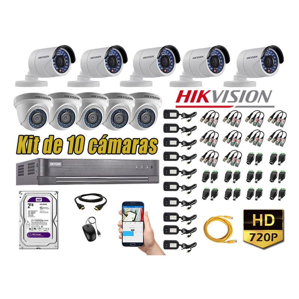 HIKVISION - CÁMARAS SEGURIDAD KIT 10 HD 720P + DISCO 2TB P2P HDMI