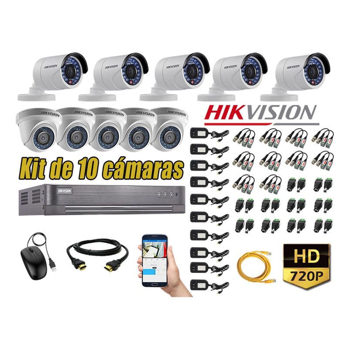 HIKVISION - CÁMARAS SEGURIDAD KIT 10 HD 720P + CABLE HDMI P2P