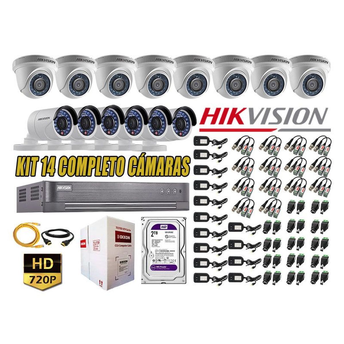 HIKVISION - CÁMARAS SEGURIDAD KIT 14 HD 720P + DISCO 2TB COMPLETO P2P