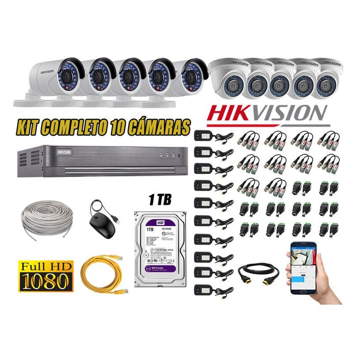 HIKVISION - CÁMARAS SEGURIDAD KIT 10 FULL HD 1080P + DISCO 1TB COMPLETO