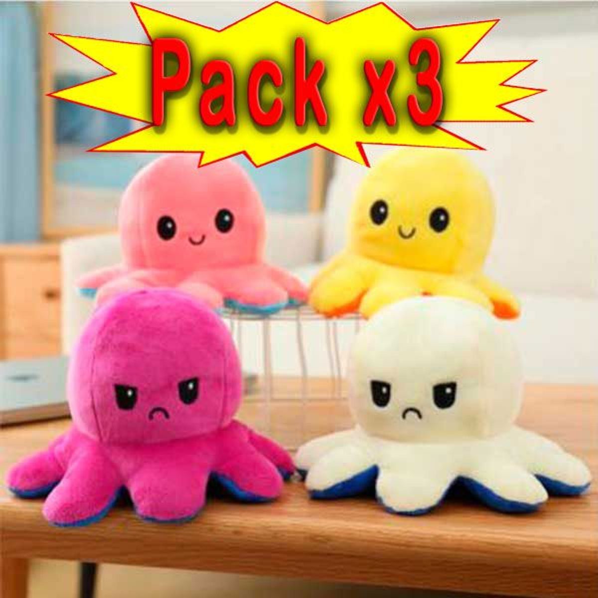 GENERICO - Pulpi-Peluche Pack x3 - Reversibles Feliz y Enojado