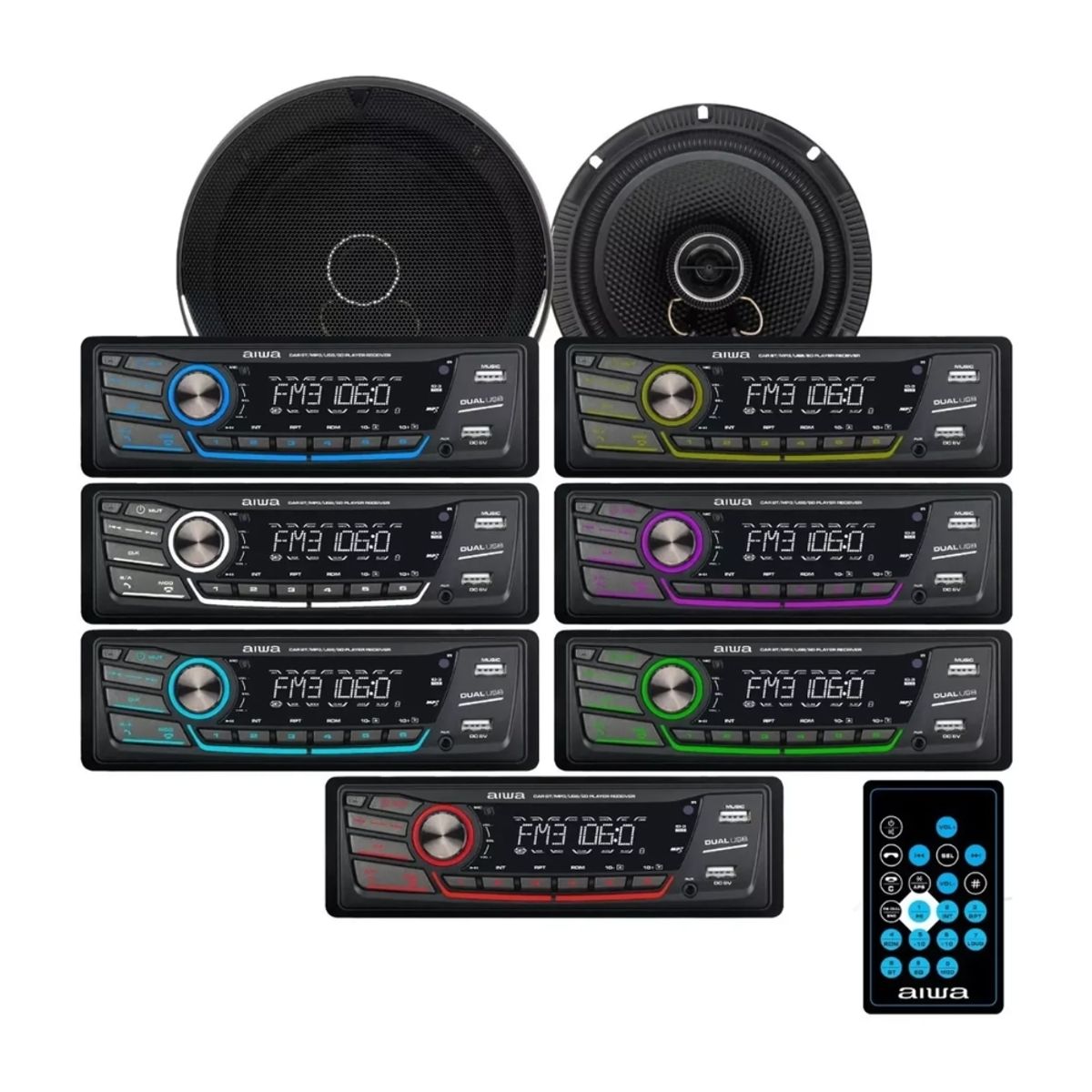 AIWA - Combo Autoradio Bluetooth Desmontable 2 Parlantes 16cm AIWA CAW-2016BT