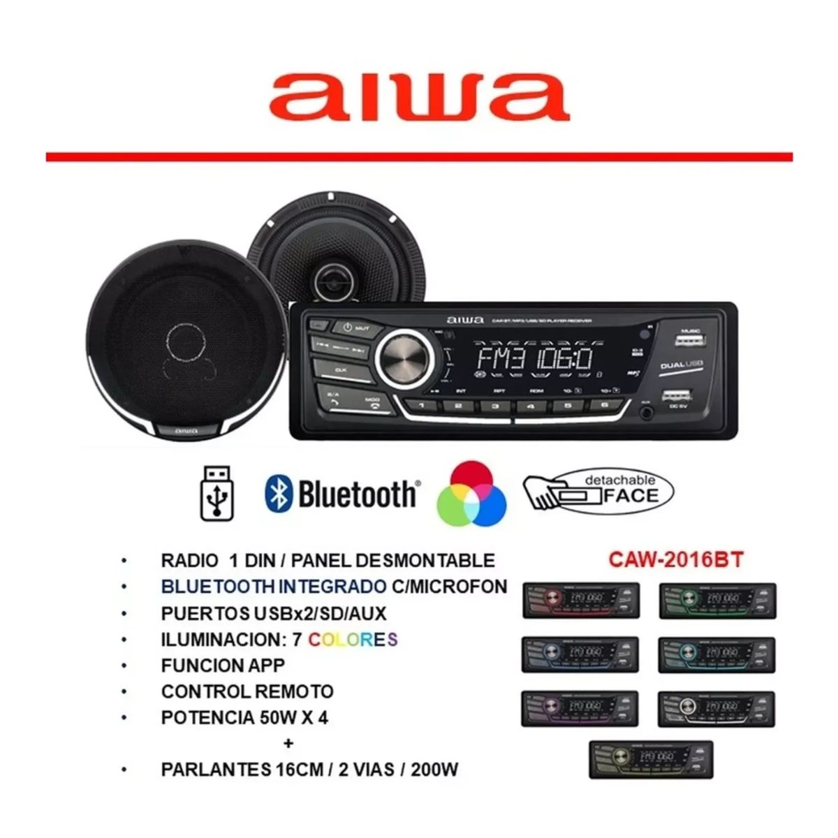 AIWA - Combo Autoradio Bluetooth Desmontable 2 Parlantes 16cm AIWA CAW-2016BT