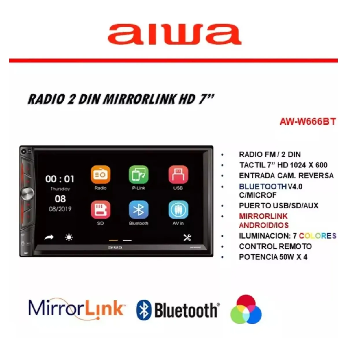 AIWA - Autoradio Bluetooth Mirrorlink Pantalla HD 7 pulgadas AW-W666BT